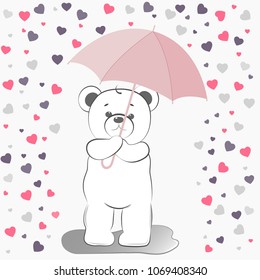 Loving Teddy bear under an umbrella. Can be used for valentines. Love theme in cartoon style.