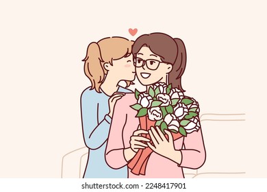 Una adolescente amorosa le da flores a la madre la víspera del 8 de marzo o el día de la madre. Un niño besa a una mujer en la mejilla después de presentar un ramo a una niñera por un buen trabajo. Ilustración vectorial plana