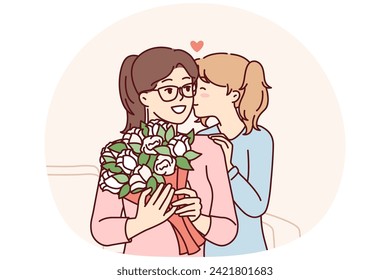 Loving teenage girl gives flowers to mom on eve of eighth of March or mother day. Child kisses woman on cheek after presenting bouquet to babysitter for good job. Flat vector illustration