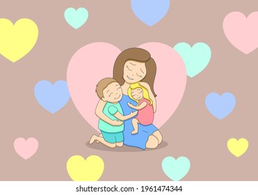 Loving tender mother with two cute happy children, teenage boy and little girl, hugging each other, pastel palette, surrounded by hearts on beige background, editable strokes, vector illustration