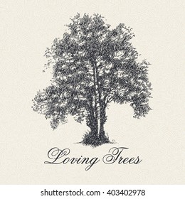 Afiche de los árboles amorosos con silueta de árbol dibujada a mano, ilustración vectorial