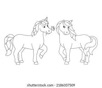 Amantes de los unicornios. Colorando la página del libro para los niños. Caricatura de estilo. Ilustración vectorial aislada en fondo blanco.