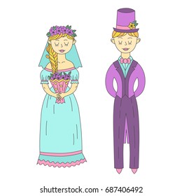 Loving wedding couple male and female bride and groom cartoon characters