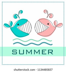 loving whales. the inscription "summer". whales look at each other. valentine, greeting card, business card for lovers of the sea 