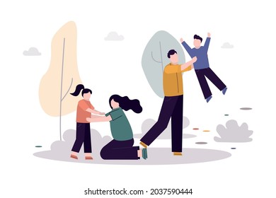 Loving wife with husband on recreation. Happy woman embracing girl kid. Cartoon father throws up boy child. Mother hug daughter. Concept of parenthood and family vacation. Flat vector illustration