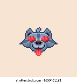 

Loving wolf with eyes-hearts. The mood of love and joy. Funny emoticon-animal. Vector image in pixel art style.