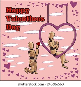 Loving wooden couple on Valentine's day. Mannequins like two lovers gives heart. greeting card