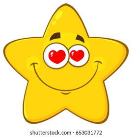 Loving Yellow Star Cartoon Emoji Face Character With Hearts Eyes. Vector Illustration Isolated On White Background