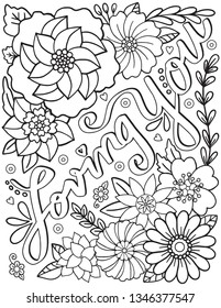 Te encanta la fuente con elementos florales.Mano dibujada con palabras inspiradoras. Dibujo de Doodles para San Valentín o tarjeta de felicitación. Colores para adultos y niños. Ilustración vectorial