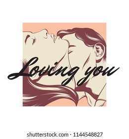 Loving you. Vector hand drawn illustration of kissing couple. Tattoo artwork made in realistic style. Template for card, poster. banner, print for t-shirt, pin, badge, patch.