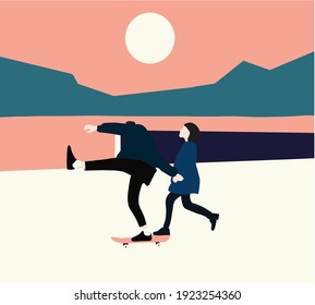 Loving Young couple having fun with skateboard on the road. Young man and woman skating together in high contrast color. Vector illustration.