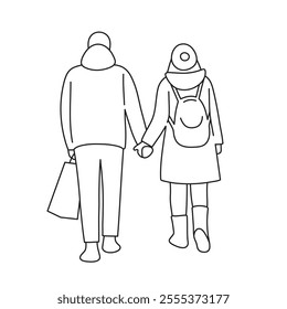 Loving Young Couple Holding Hands Walking Together. Outline Hand Drawn Black and White Illustration. Editable Stroke Lines Only No Filling on White Background. Coloring Page. Vector illustration