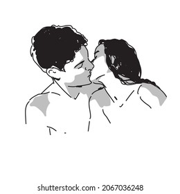 A loving young couple, a passionate kiss. Drawing in a vector on a white background. Girl and boy. Bride and groom.