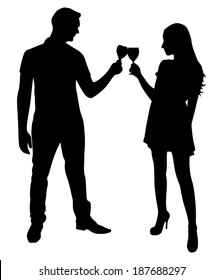 loving young couple toasting wine glasses, vector 