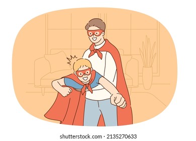 Amo padre joven vestido de superhéroe se divierten jugando con un hijo pequeño en casa. El papá feliz que se preocupa disfruta de la actividad del juego con un niño pequeño. Mejor papá. La paternidad. Ilustración vectorial. 