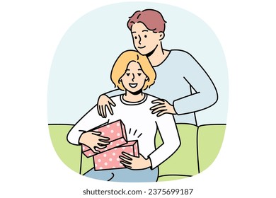 Loving young man make birthday present to excited woman at home. Caring male surprise congratulate happy female with anniversary. Vector illustration.