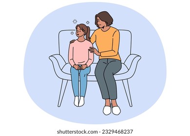 Loving young mom talk with stressed teen daughter suffering from bullying at school. Caring mother comfort support little teenager girl child. Motherhood concept. Vector illustration.