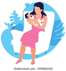 A Loving Young Mother With A Newborn Baby In Her Arms Sits In A Soft Armchair. Love And Care Of Parents. Postpartum Period.