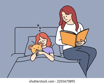 Loving young mother sit in bed reading book to sleepy daughter. Caring mom make little girl child to sleep with fairytale. Motherhood. Vector illustration. 