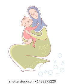 Loving young muslim mother in hijab and traditional dress seated protectively hugging a smiling happy baby daughter in pink on her lap isolated on white. Vector illustration