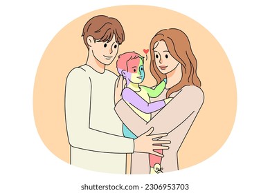 Loving young parent keep in arms autistic child show love and support. Family with boy kid made from colorful pieces. Children with autism concept. Healthcare. Vector illustration.