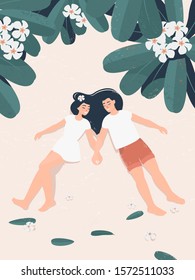 Loving young people are lying on the beach by the sea holding hands under a flowering frangipani tree. Brunette woman in a white dress and her boyfriend. Romantic vector illustration.