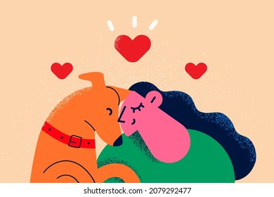 Loving young woman hug dog show care and attention to animals. Happy girl adopt puppy from shelter, have pet friend in family. Domestic creature lover. Vector illustration, cartoon character. 