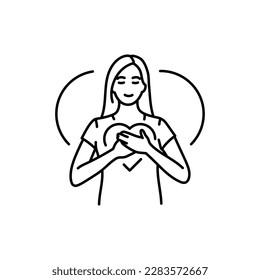 Loving-kindness meditation black line icon. Happy woman feeling blessed. Pictogram for web page, mobile app, promo.