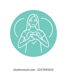 Loving-kindness meditation black line icon. Happy woman feeling blessed. Pictogram for web page, mobile app, promo.