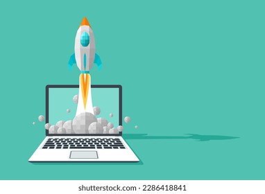 Low 3D Polygon rocket launch from the laptop. Startup concept. Digital marketing boost up. Vector illustration flat design for banner, poster, and background.