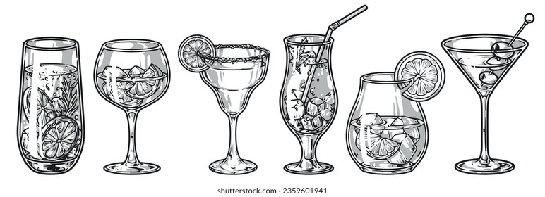 Cócteles de bajo contenido alcohólico emblemas monocromo con gafas transparentes llenas de refrescos de chiringuito de playa ilustración vectorial