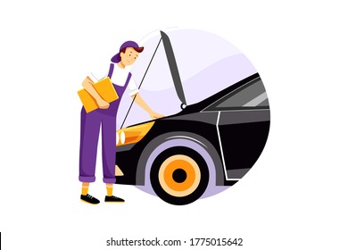 Low angle auto service to change wheels. Vector Illustration concept.