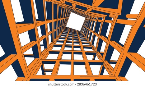 A low angle perspective of a modern architectural structure with orange and dark blue beams forming a tunnel effect