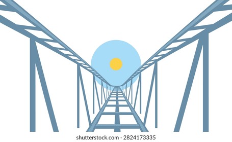 Low angle perspective view of a roller coaster track stretching towards a distant bright sun set against a simple blue sky background.