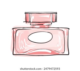 Low angle rectangular women s perfume and cosmetic bottle with label for text, delicate line and watercolor drawing, vector illustration, beauty and self-care concept.