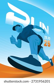 Low angle runner illustration with dynamic ground perspective. Modern blue sporty vector showing speed and athletic motion.