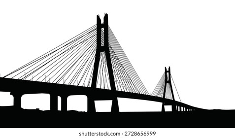 Silueta de ángulo bajo de un enorme puente atirantado que se extiende a través del horizonte con intrincados cables de Asistencia y pilones altos.