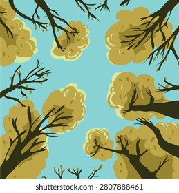 Low angle view of autumn tree crowns with yellow and orange leaves against blue sky. Vector illustration