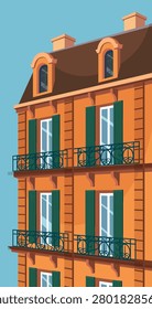 Low angle view of a classic French building with green shutters and wrought iron balconies