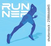 low angle view of dynamic blue sporty male runner silhouette illustration.