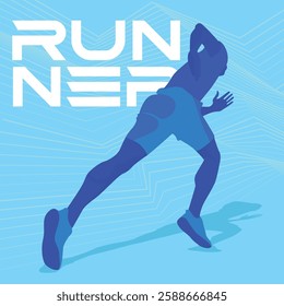 low angle view of dynamic blue sporty male runner silhouette illustration.