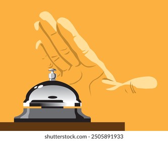 Low angle view of hand on chrome table bell about to press it, vibrant and dynamic vector illustration