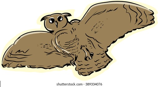 Low angle view illustration of eagle owl with widespread wings flying over white background