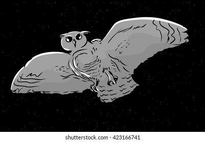 Low angle view illustration of owl with widespread wings flying at night