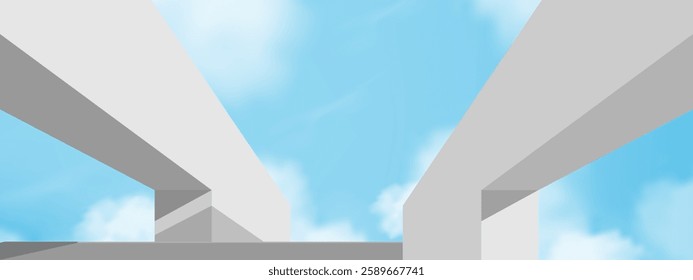 Low angle,POV sky background with white two concrete wall,Blue Sky,Cloud with 3d Sharp edges of abstract structure,Minimalist background for Spring,Summer Banner Design