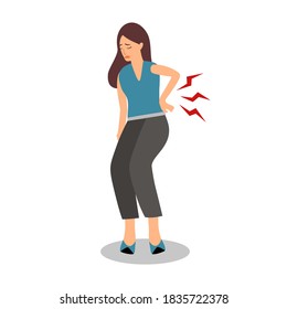 Low back pain concept vector illustration on white background. Young woman suffering from backache. Office syndrome.