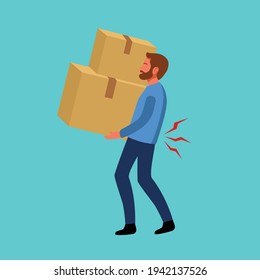 Low back pain concept vector illustration. Man holding heavy boxes and suffering from backache. Bone or muscle problem.	