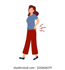 Ilustración vectorial de concepto de dolor de espalda baja sobre fondo blanco. Mujer joven con dolor de espalda. Síndrome de Office.