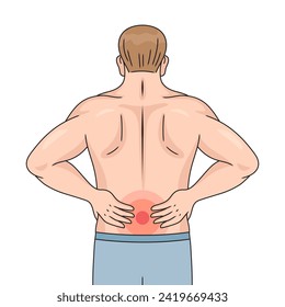 Low back pain in back of man diagram hand drawn schematic vector illustration. Medical science educational illustration