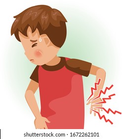 Low Back Pain Or Sore. The Boy Is Sick, Sick Person And Feeling Bad. Cartoons Showing Negative Gestures And Feelings. The Child Is A Patient. Cartoon Vector Illustration.